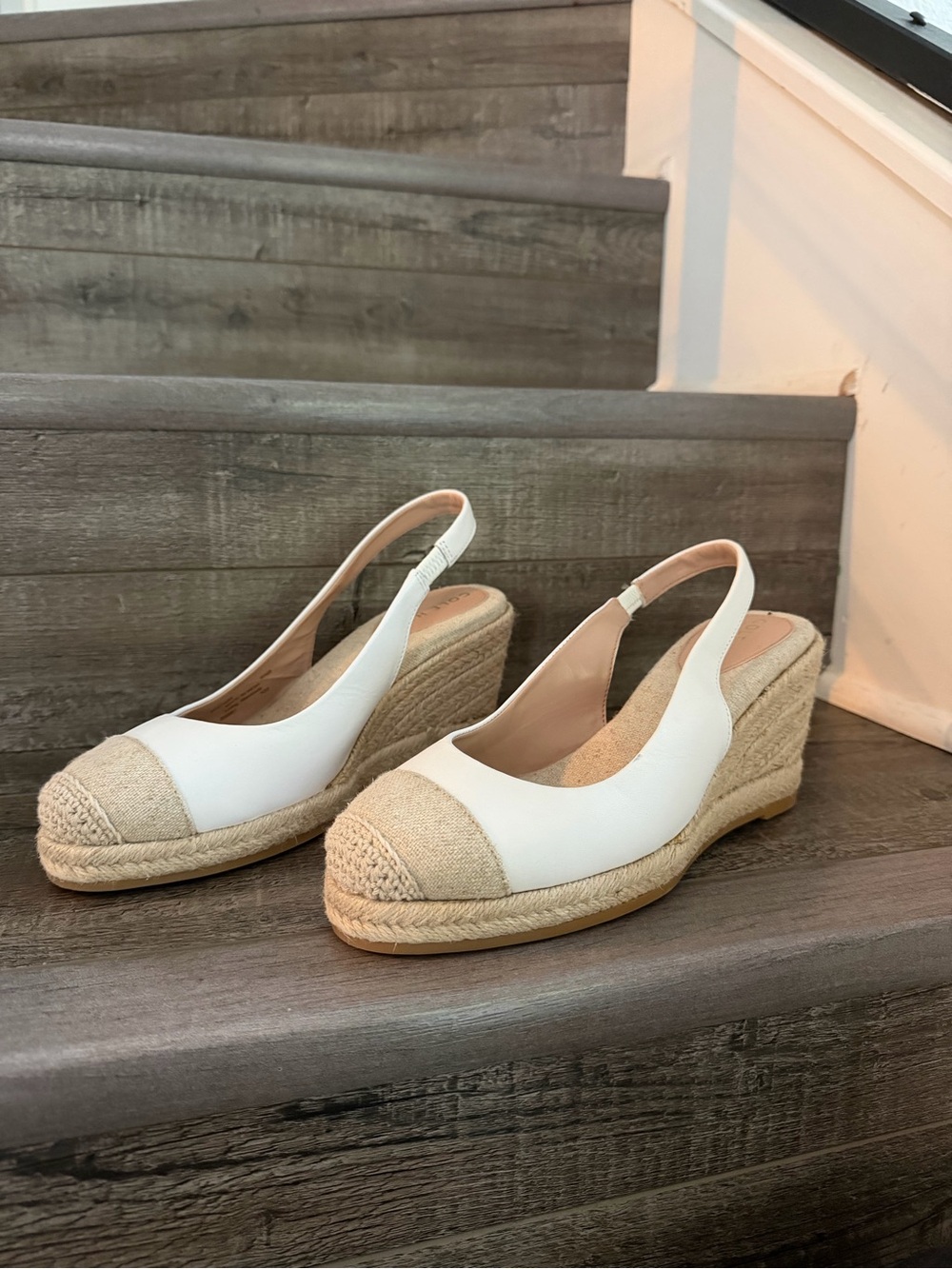Cole Haan White and Natural Espadrille Wedge Slingbacks